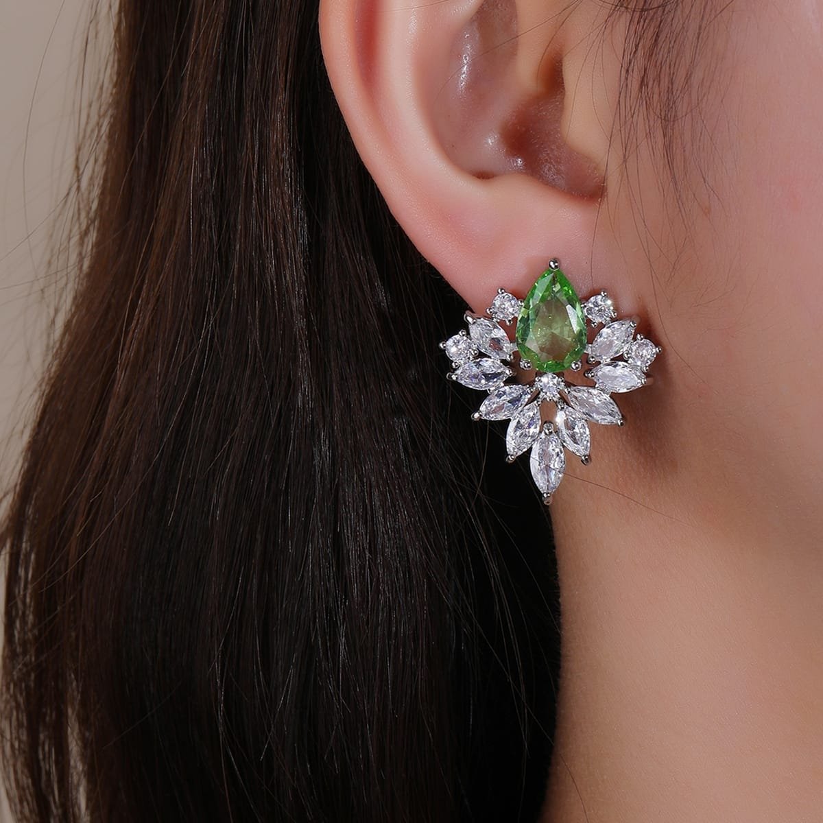 Green Flowered Cubic Zirconia Earrings - Image 1