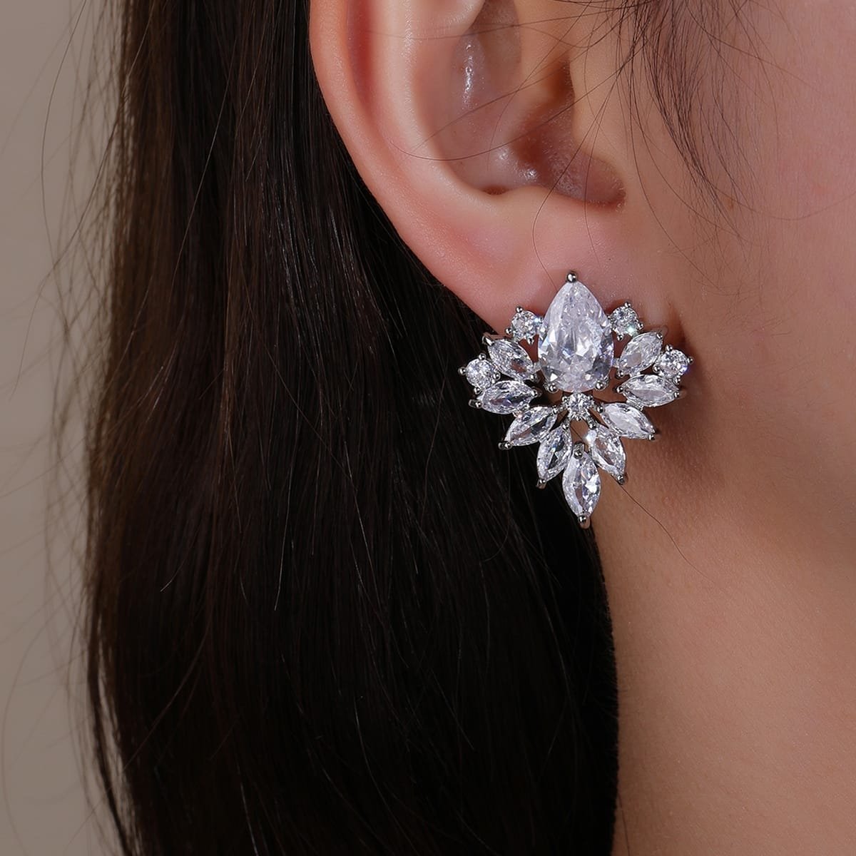 Silver Flowered Cubic Zirconia Earrings - Image 1